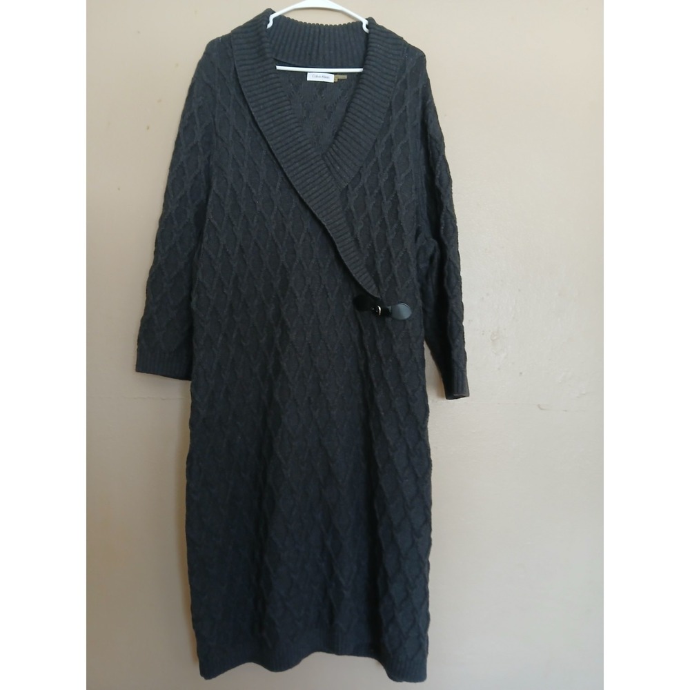 Calvin Klein Dress 3x Sweater Midi Cable Knit Grey Shawl Collar Buckle Heavy